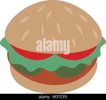 Un hamburger con insalata verde, rosso pomodoro, formaggio giallo, marrone burger patty e una di semi di sesamo alla sommità del pane, il vettore, il colore di disegno o illust Illustrazione Vettoriale
