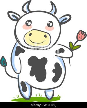Un cartone animato di un simpatico cow tenendo un fiore rosso, il vettore, il colore di disegno o illustrazione. Illustrazione Vettoriale