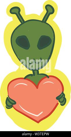 Un verde Alien con grandi occhi tenendo un rosso e cuore rosa, il vettore, il colore di disegno o illustrazione. Illustrazione Vettoriale
