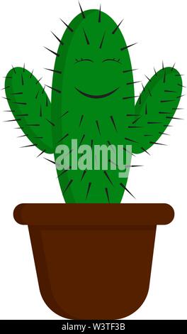 Un felice cactus verde in una pentola di marrone, il vettore, il colore di disegno o illustrazione. Illustrazione Vettoriale