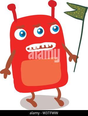 Mostro con tre occhi blu con una bandiera verde nella sua mano, il vettore, il colore di disegno o illustrazione. Illustrazione Vettoriale