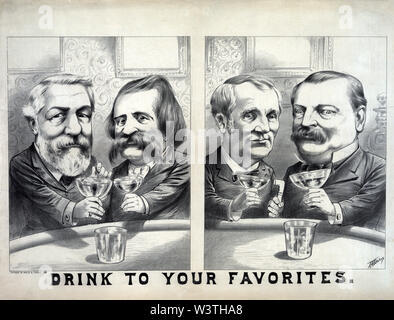 Composito di due caricature di James G. Blaine e John A. Logan la tostatura a vicenda e di Grover Cleveland e Thomas A. Hendricks tostare ogni altra, 1884 U.S. Campagna elettorale presidenziale, Artwork da James Albert Galles, 1884 Foto Stock