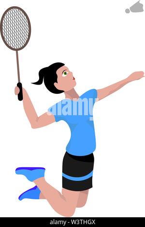 Jumping badminton player, illustrazione, vettore su sfondo bianco. Illustrazione Vettoriale