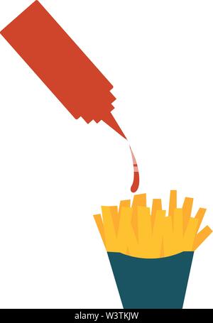 Patate fritte con ketchup, illustrazione vettore su sfondo bianco. Illustrazione Vettoriale