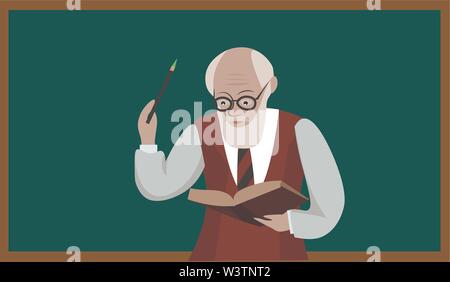 Il vecchio maestro con Libro, illustrazione vettore su sfondo bianco. Illustrazione Vettoriale