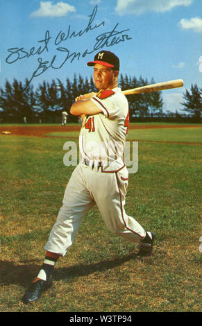 Biglietto autografo di star giocatore di baseball ed Mathews con il Milwaukee Braves circa sessanta Foto Stock