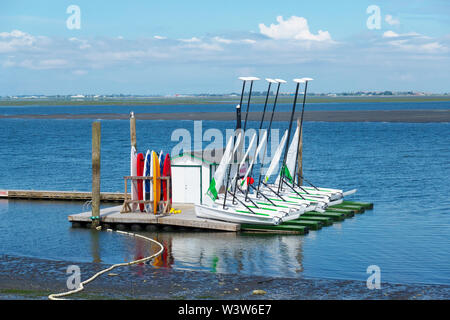 Canotti e kayak legato fino al pontile durante la bassa marea a Crescent Beach, B. C., Canada Foto Stock