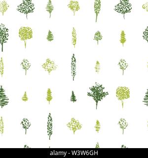 Albero verde senza giunture di pattern per il disegno di tessuto. Modello di disegnato a mano verde inchiostro alberi. Illustrazione Vettoriale di diversi alberi forestali nella ripetizione geometrica Illustrazione Vettoriale