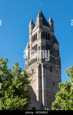 Bruges, Fiandre, Belgio - 17 Giugno 2019: marrone in mattoni della torre in pietra di Sint Salvator Cattedrale piena contro il cielo blu e con alcune foglie verdi. Foto Stock