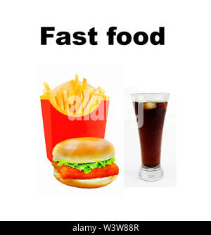 Hamburger con patatine fritte e il pesce è fotografato vicino a bordo in legno Foto Stock