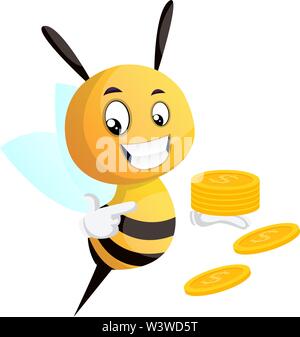 Bee puntando sulle monete, bee holding monete, illustrazione, vettore su sfondo bianco. Illustrazione Vettoriale