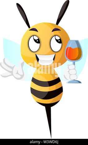 Bee tenendo un drink, bee bere il vino, illustrazione vettore su sfondo bianco. Illustrazione Vettoriale