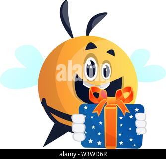 Felice ape con un presente, illustrazione vettore su sfondo bianco. Illustrazione Vettoriale