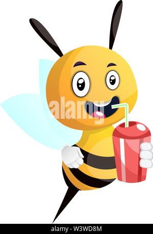 Bee di bere succo di frutta, sorridente, illustrazione, vettore su sfondo bianco. Illustrazione Vettoriale