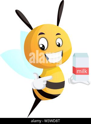 Bee puntando sul latte, illustrazione, vettore su sfondo bianco. Illustrazione Vettoriale