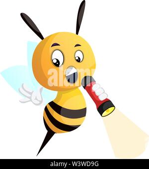 Bee tenendo la torcia elettrica, illustrazione vettore su sfondo bianco. Illustrazione Vettoriale