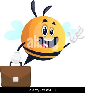 Bee sventolare con valigetta, illustrazione vettore su sfondo bianco. Illustrazione Vettoriale