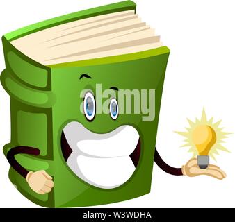 Cartoon del carattere del libro è holdina lampadina, illustrazione, vettore su sfondo bianco. Illustrazione Vettoriale
