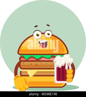 Burger sta tenendo in mano un bicchiere di birra, illustrazione vettore su sfondo bianco. Illustrazione Vettoriale
