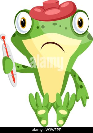Triste malati frog tenendo un termometro, illustrazione, vettore su sfondo bianco. Illustrazione Vettoriale