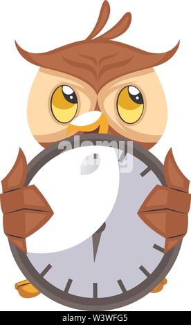 Owl con grande orologio, illustrazione, vettore su sfondo bianco. Illustrazione Vettoriale