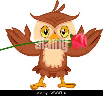 Owl con rose, illustrazione, vettore su sfondo bianco. Illustrazione Vettoriale