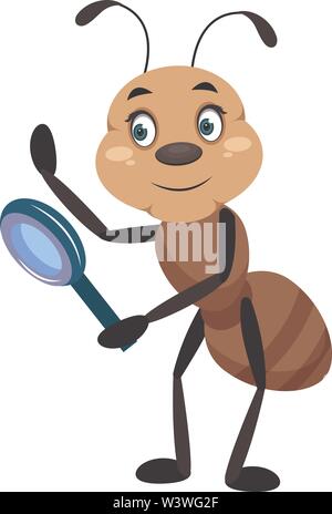 Ant con strumento di ingrandimento, illustrazione vettore su sfondo bianco. Illustrazione Vettoriale