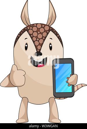 Armadillo con telefono cellulare, illustrazione vettore su sfondo bianco. Illustrazione Vettoriale