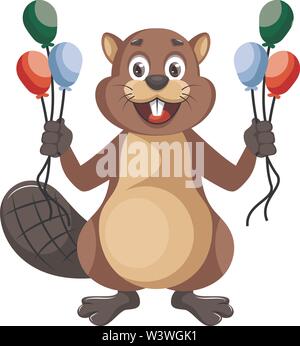 Beaver con palloncini, illustrazione vettore su sfondo bianco. Illustrazione Vettoriale