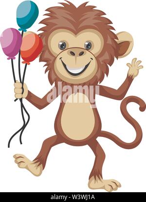 Monkey holding palloncini, illustrazione, vettore su sfondo bianco. Illustrazione Vettoriale