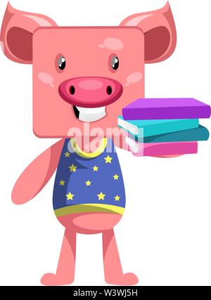 Suino con libri, illustrazione, vettore su sfondo bianco. Illustrazione Vettoriale