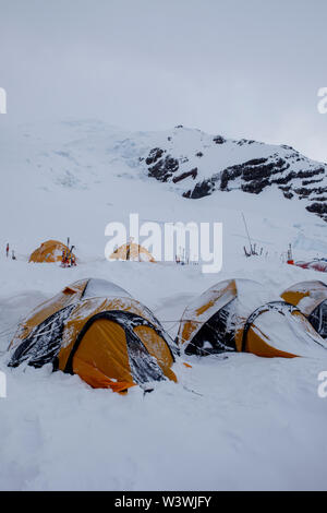 La neve copre Climbers' tende dopo una tempesta sul Monte Rainier Foto Stock