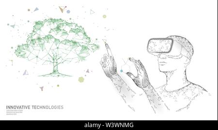 Virtuale digitale biotecnologia tree concetto di ingegneria. 3D render VR casco di realtà aumentata di integratore vitaminico. La scienza medica vita eco poligono Illustrazione Vettoriale