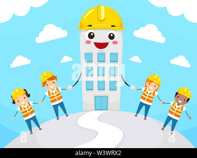 Illustrazione di Stickman Kids indossando la costruzione gialla elmetto e tenendo le mani con un edificio mascotte Foto Stock