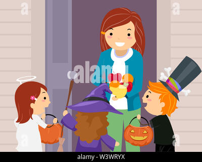 Illustrazione di Stickman Kids indossando costumi di Halloween da Angelo, Strega e Mago frutti ricevente durante il Dolcetto o Scherzetto Foto Stock