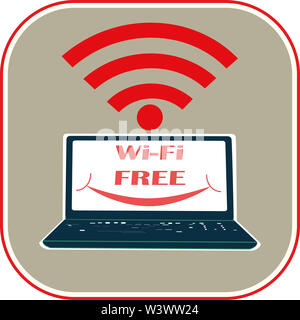 Disegno piatto di un computer portatile. Simbolo di wi-fi gratuito.Illustrazione Foto Stock