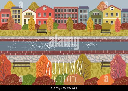 Autunno sfondo. Carino appartamento illustrazione vettoriale del paesaggio urbano con case , river, panchine e alberi. Disegno a mano libera Illustrazione Vettoriale