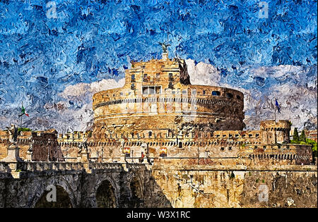 Una vista incredibile in bianco e nero del celebre Mausoleo di Adriano, nella Città Eterna, Roma, Italia. Foto Stock