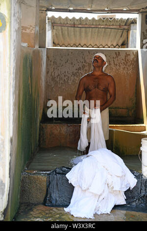 Uomo indiano il lavaggio della biancheria e lenzuola a Dhobi khana lavanderia pubblica a Kochi (Cochin) Kerala, India Foto Stock