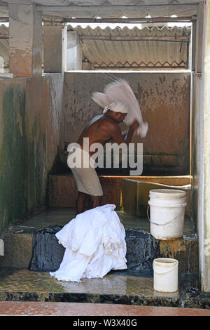 Uomo indiano il lavaggio della biancheria e lenzuola a Dhobi khana lavanderia pubblica a Kochi (Cochin) Kerala, India Foto Stock