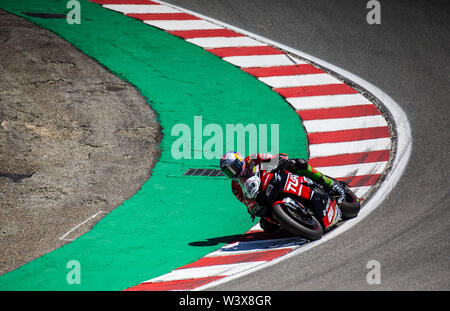 Jul 14, 2019 Monterey, CA, U.S.A. # 54 Toprak Razgatlioglu nella struttura di cavatappi durante il Motul FIM Superbike World Championship Geico U.S. Giro del Mondo SBK gara 2 a Weathertech Raceway Laguna Seca Monterey, CA Thurman James / CSM Foto Stock