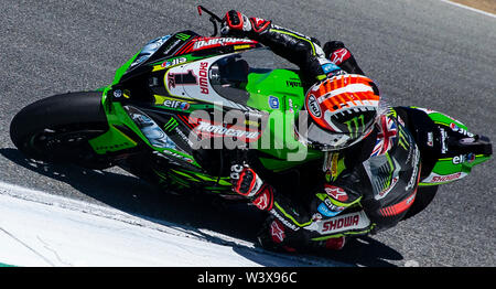 Jul 14, 2019 Monterey, CA, U.S.A. # 1 Jonathan Rea a sua volta 9 durante il Motul FIM Superbike World Championship Geico U.S. Giro del Mondo SBK gara 2 a Weathertech Raceway Laguna Seca Monterey, CA Thurman James / CSM Foto Stock