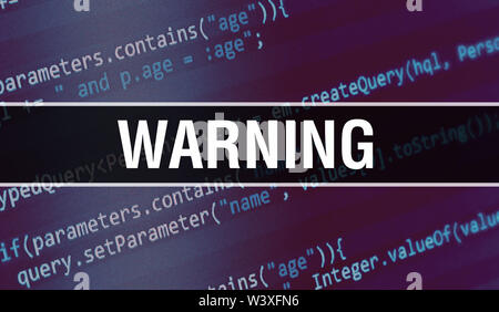 Concetto di avvertimento illustrazione utilizzando il codice per lo sviluppo di programmi e app. Sito web di avvertimento codice con etichette colorate in vista del browser su sfondo scuro. W Foto Stock