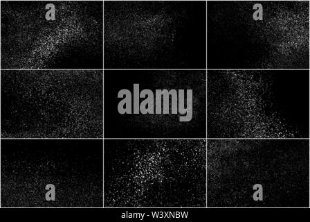 Set di White struttura granulosa isolate su sfondo nero. Mascherina antipolvere Texture. Particelle di rumore. Effetti di neve Pack. Generati digitalmente immagine. Vettore Illustrazione Vettoriale