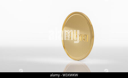 Concetto di golden Libra medaglia con logo sulla parte anteriore. Nuovo progetto digital crypto valuta di pagamento. 3D render moneta posta su un isolato bianco sullo sfondo. Foto Stock