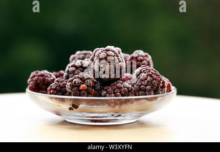 Piattino con il mucchio di congelati frutti blackberry su legno Foto Stock