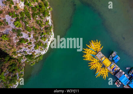 Vista aerea di Sang grotta e kayak area, Halong Bay, Vietnam, sud-est asiatico. UNESCO - Sito Patrimonio dell'umanità. Junk crociera in barca per la Baia di Ha Long. Foto Stock