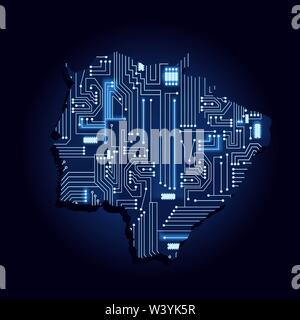 Mappa di contorno di Mato Grosso do Sul con una tecnologia di circuito elettronico. Stato brasiliano. Sfondo blu. Illustrazione Vettoriale