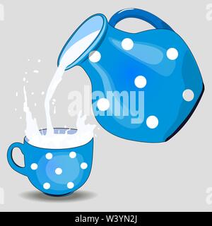 Disegno piatto di una caraffa rossa. Capsule per liquidi. Versate il latte dalla caraffa. Tazza blu con pallino di polka e latte. Grigio, isolato. Vettore. Illustrazione Vettoriale