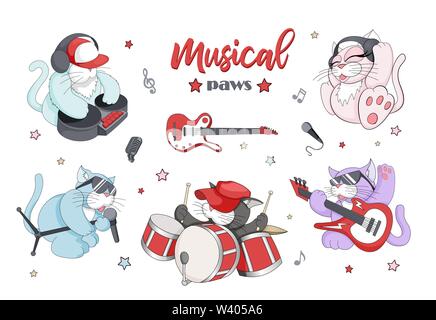 Set di vettore di strani piccoli caratteri musicali con vari strumenti Illustrazione Vettoriale